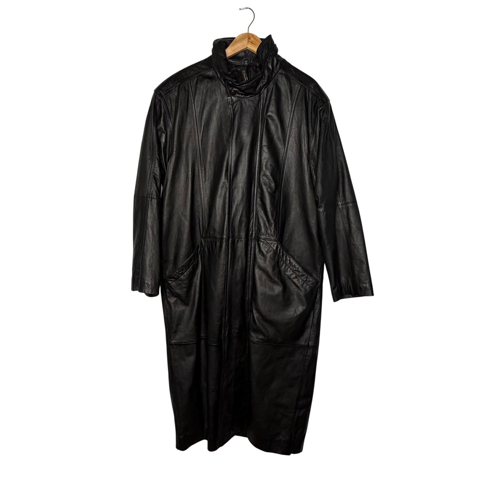Vintage I.O.U. Leather Matrix Trench Coat Black Oversized Korea Mens M